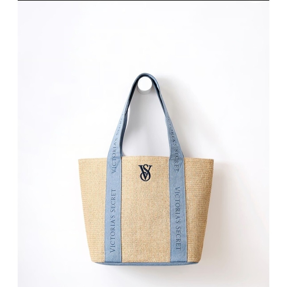 Victoria's Secret Straw Tote Bag Logo Denim Straps Beach Summer Handbag New